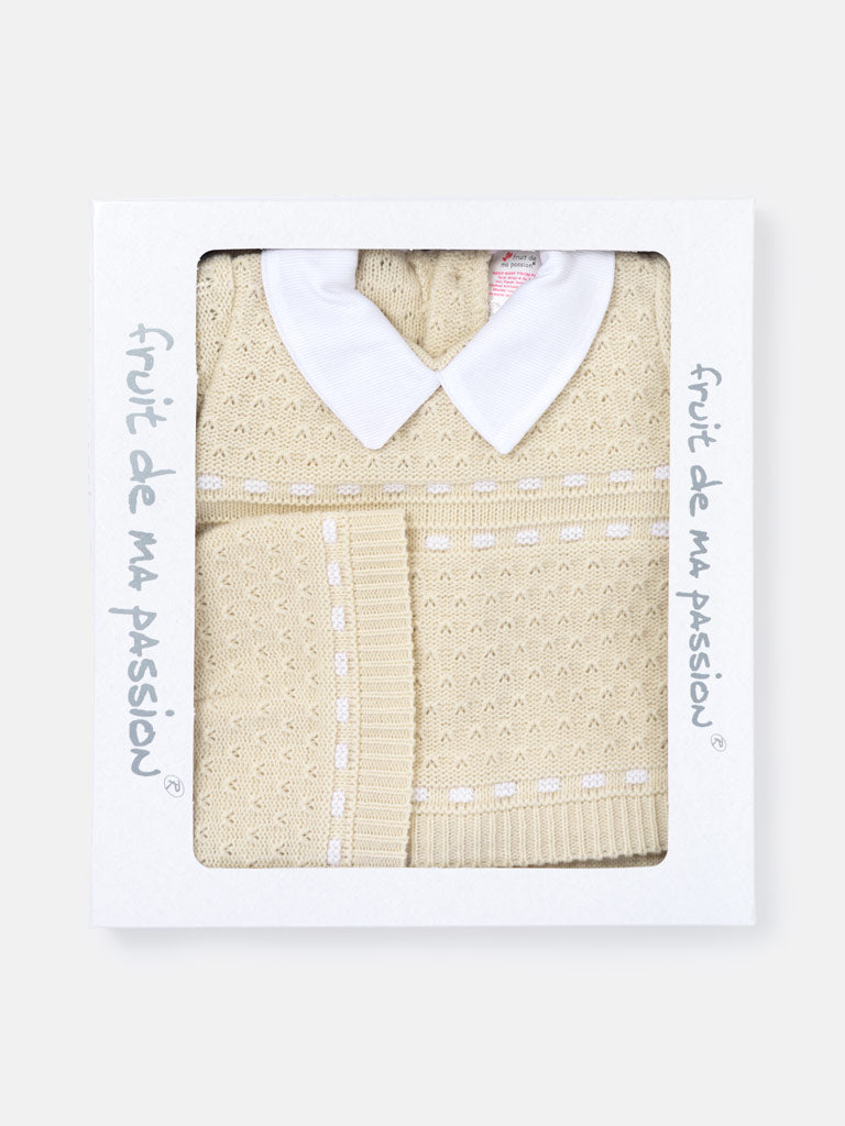 Baby Boy Dotted Textured Knitted 3-piece Gift Box Set - Beige