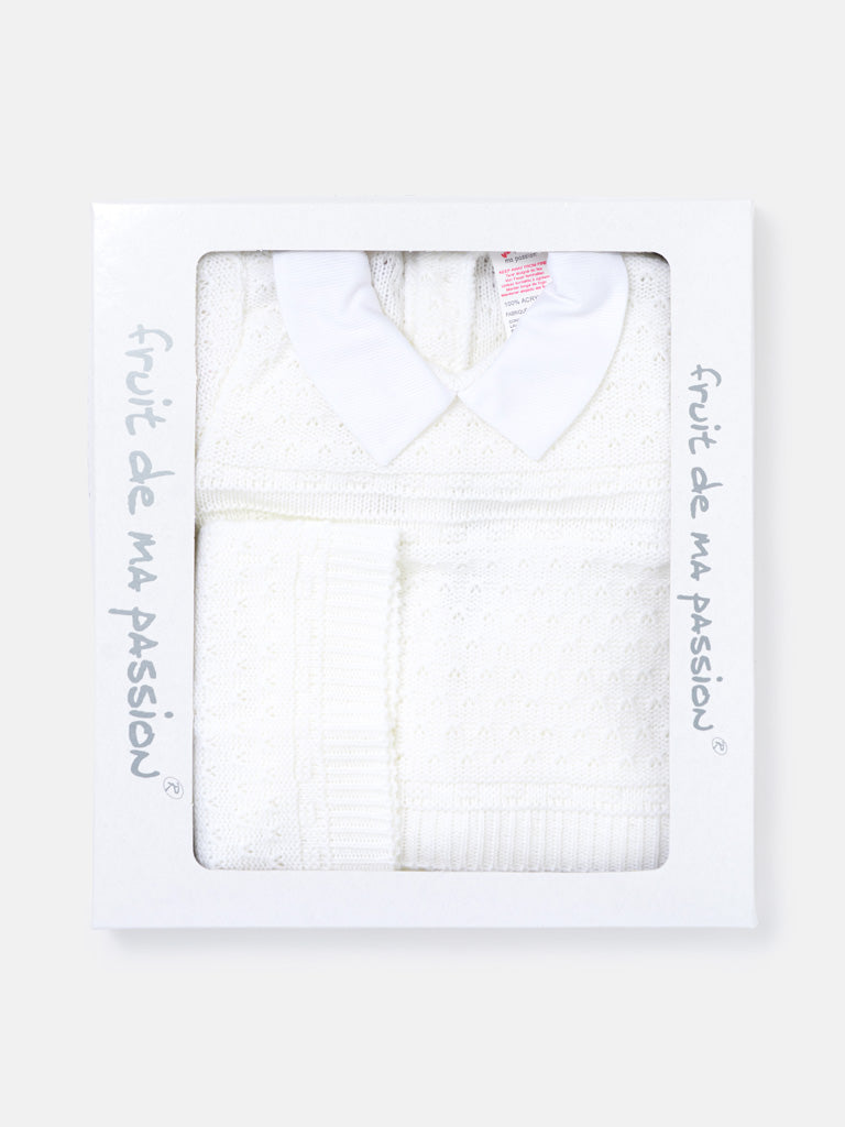 Baby Boy Dotted Textured Knitted 3-piece Gift Box Set - White
