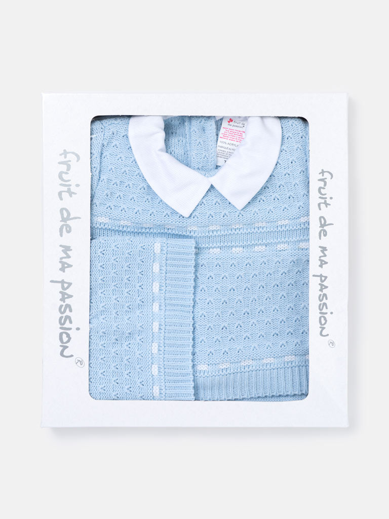 Baby Boy Dotted Textured Knitted 3-piece Gift Box Set - Baby Blue