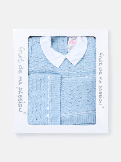 Baby Boy Dotted Textured Knitted 3-piece Gift Box Set - Baby Blue