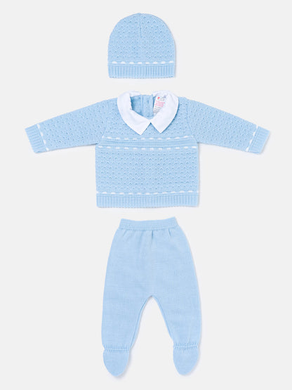 Baby Boy Dotted Textured Knitted 3-piece Gift Box Set - Baby Blue