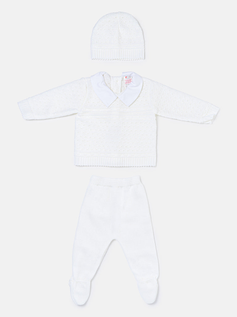 Baby Boy Dotted Textured Knitted 3-piece Gift Box Set - White