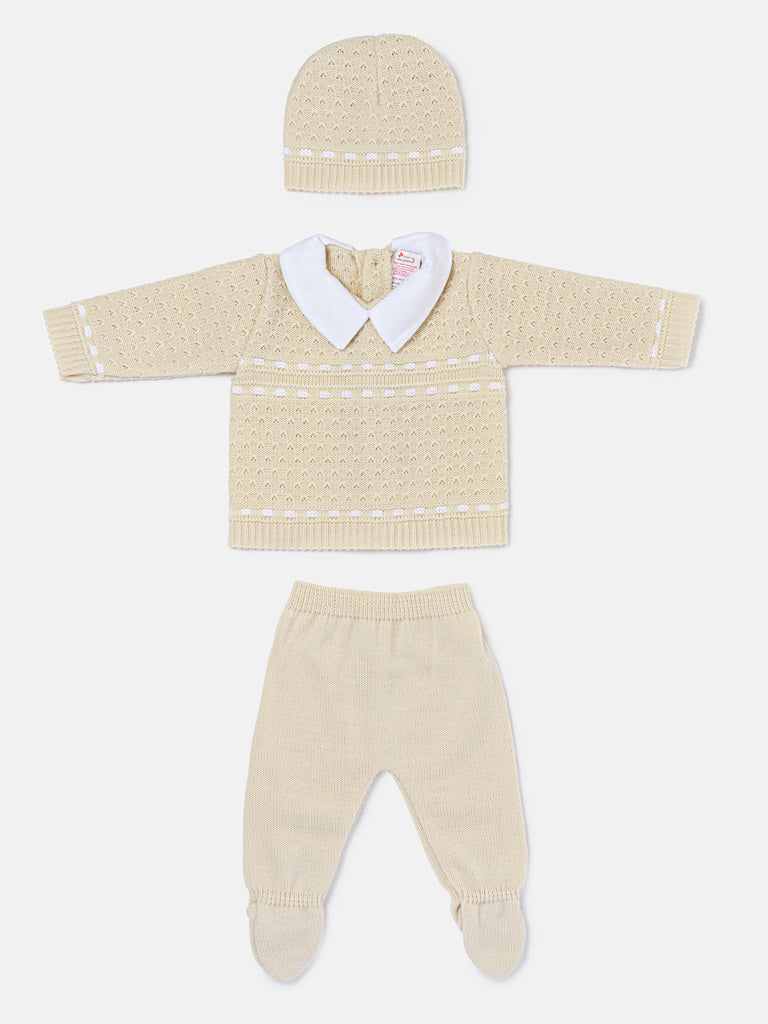 Baby Boy Dotted Textured Knitted 3-piece Gift Box Set - Beige