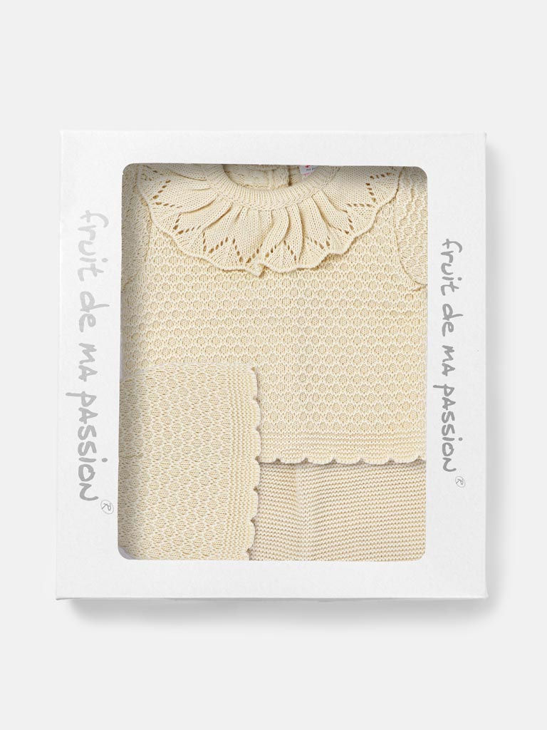 Baby Girl Ruffle Collar Openwork Knitted 3-piece Gift Box Set - Beige