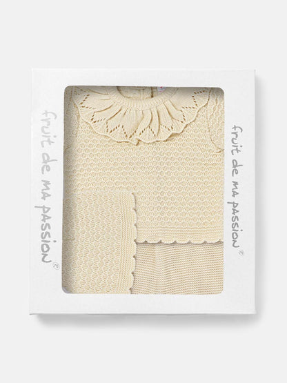 Baby Girl Ruffle Collar Openwork Knitted 3-piece Gift Box Set - Beige