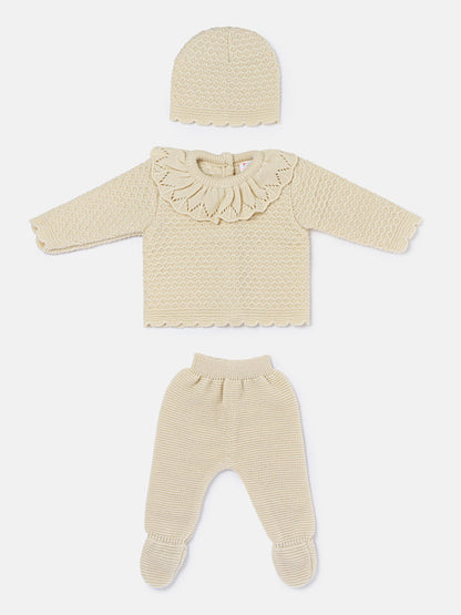 Baby Girl Ruffle Collar Openwork Knitted 3-piece Gift Box Set - Beige