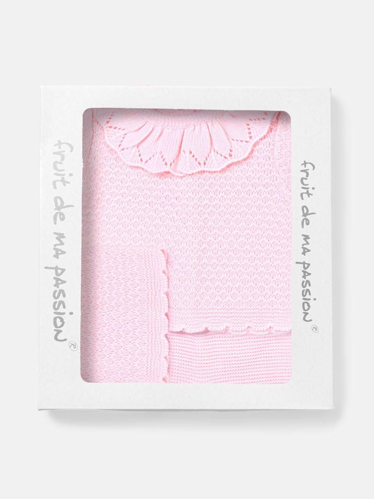 Baby Girl Ruffle Collar Openwork Knitted 3-piece Gift Box Set - Baby Pink