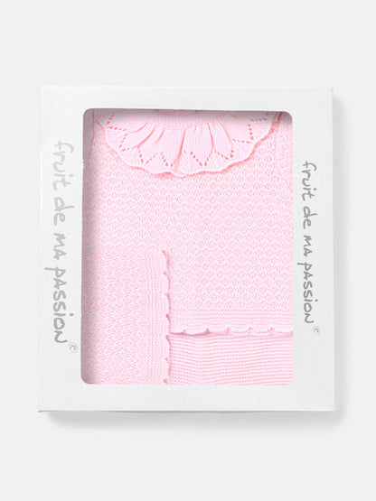 Baby Girl Ruffle Collar Openwork Knitted 3-piece Gift Box Set - Baby Pink