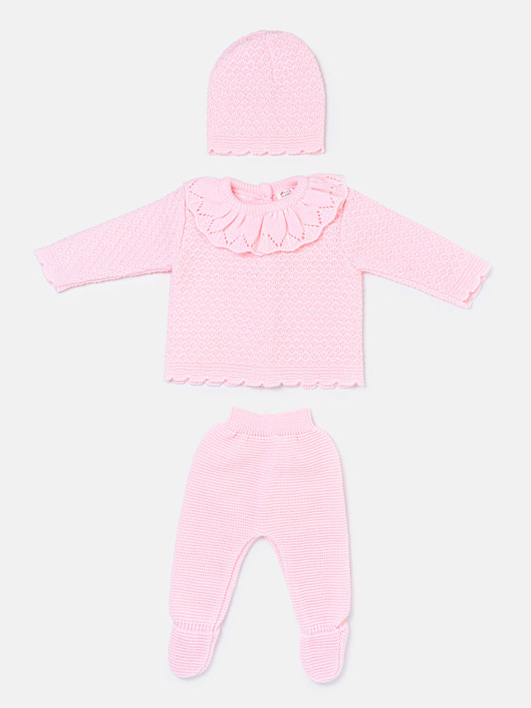 Baby Girl Ruffle Collar Openwork Knitted 3-piece Gift Box Set - Baby Pink
