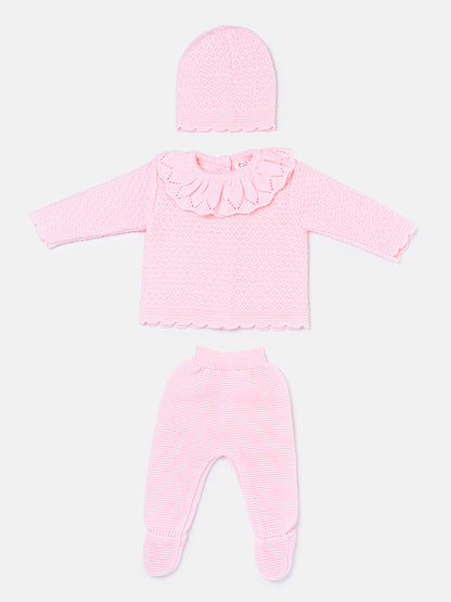 Baby Girl Ruffle Collar Openwork Knitted 3-piece Gift Box Set - Baby Pink