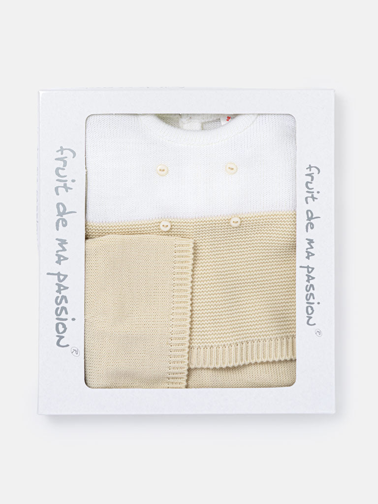 Baby Boy Round Neck Two-Tone Knitted 3-piece Gift Box Set - Beige & White