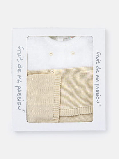 Baby Boy Round Neck Two-Tone Knitted 3-piece Gift Box Set - Beige & White