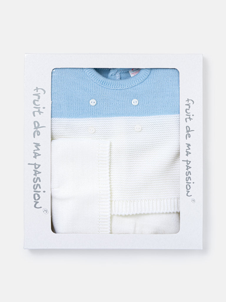 Baby Boy Round Neck Two-Tone Knitted 3-piece Gift Box Set - White & Baby Blue