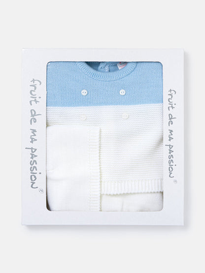 Baby Boy Round Neck Two-Tone Knitted 3-piece Gift Box Set - White & Baby Blue