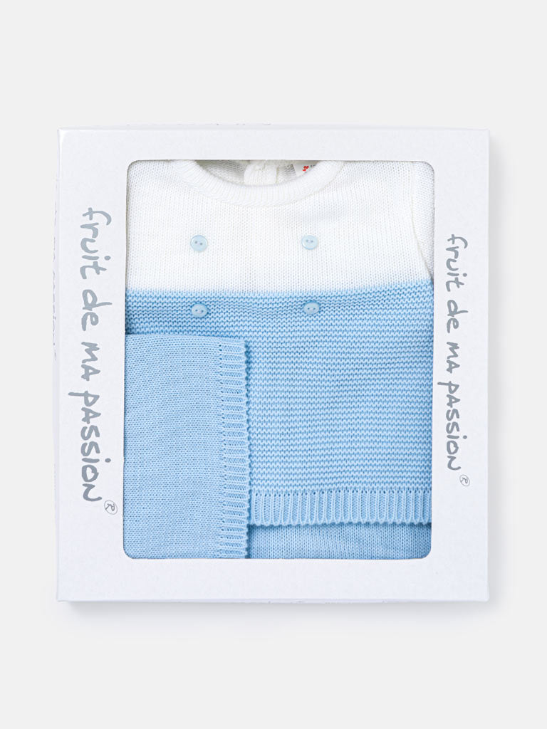 Baby Boy Round Neck Two-Tone Knitted 3-piece Gift Box Set - Baby Blue & White