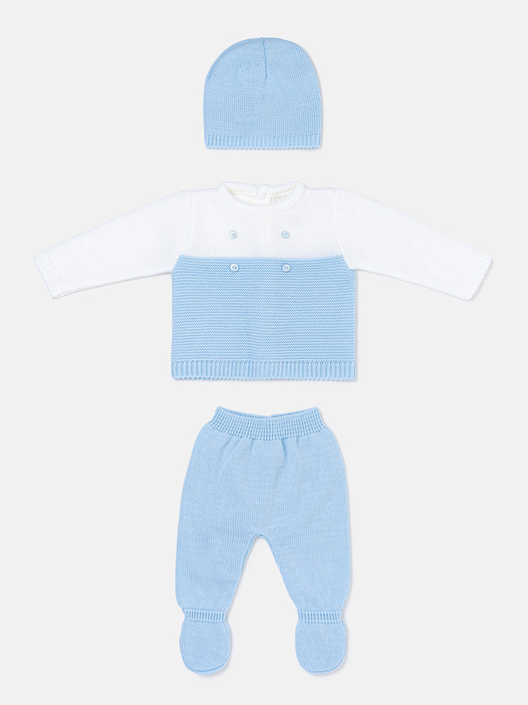 Baby Boy Round Neck Two-Tone Knitted 3-piece Gift Box Set - Baby Blue & White
