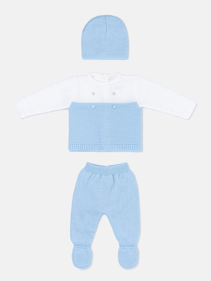 Baby Boy Round Neck Two-Tone Knitted 3-piece Gift Box Set - Baby Blue & White