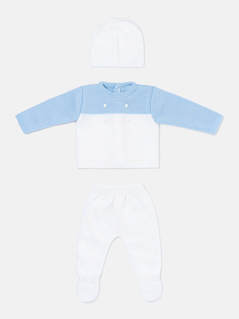 Baby Boy Round Neck Two-Tone Knitted 3-piece Gift Box Set - White & Baby Blue