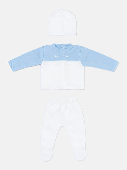 Baby Boy Round Neck Two-Tone Knitted 3-piece Gift Box Set - White & Baby Blue