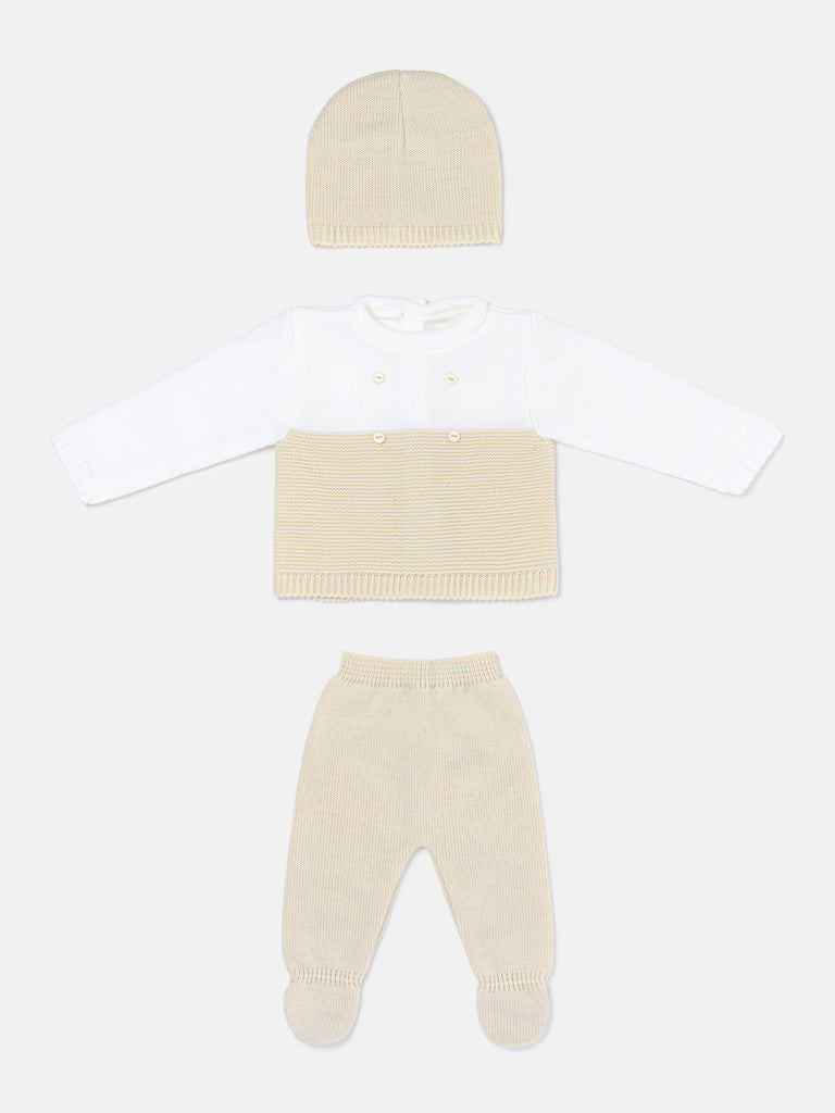 Baby Boy Round Neck Two-Tone Knitted 3-piece Gift Box Set - Beige & White
