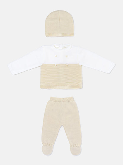 Baby Boy Round Neck Two-Tone Knitted 3-piece Gift Box Set - Beige & White
