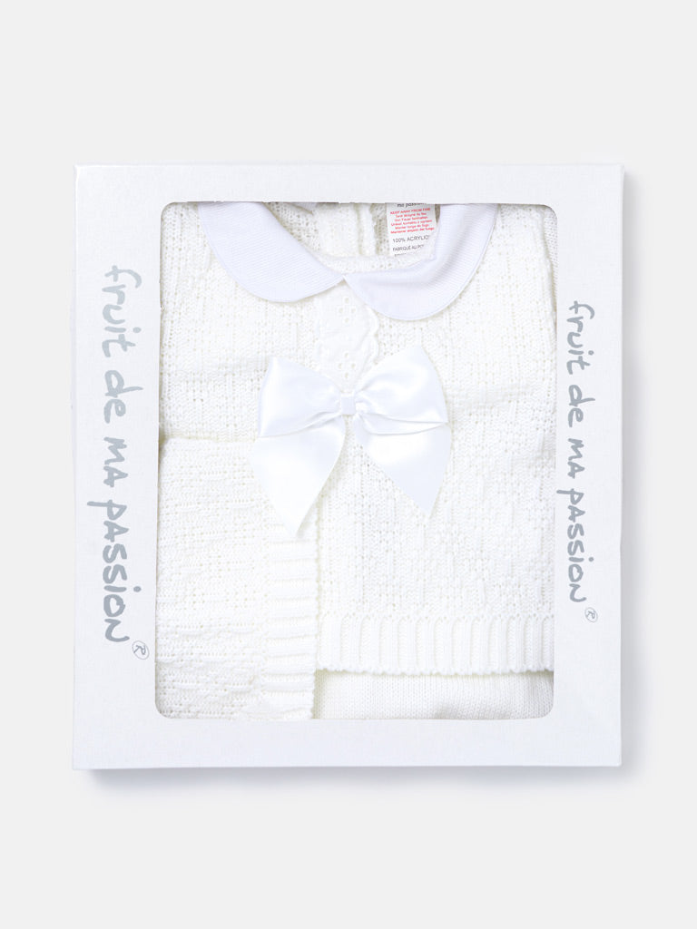 Baby Girl Lace Trim Front Bow Knitted 3-piece Gift Box Set - White