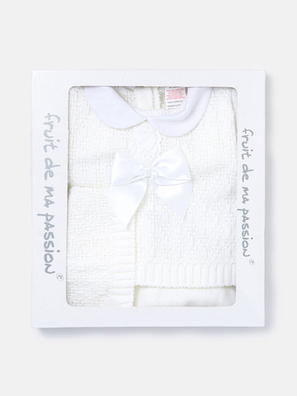 Baby Girl Lace Trim Front Bow Knitted 3-piece Gift Box Set - White