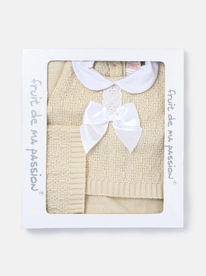 Baby Girl Lace Trim Front Bow Knitted 3-piece Gift Box Set - Beige