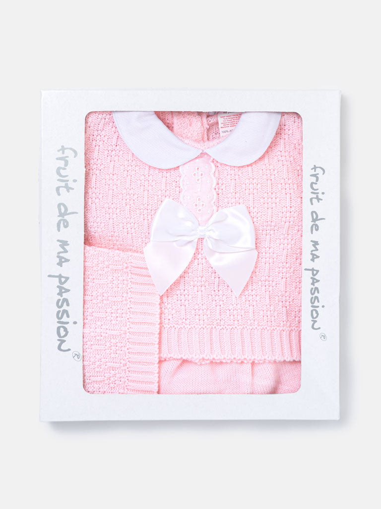 Baby Girl Lace Trim Front Bow Knitted 3-piece Gift Box Set - Baby Pink