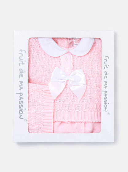 Baby Girl Lace Trim Front Bow Knitted 3-piece Gift Box Set - Baby Pink