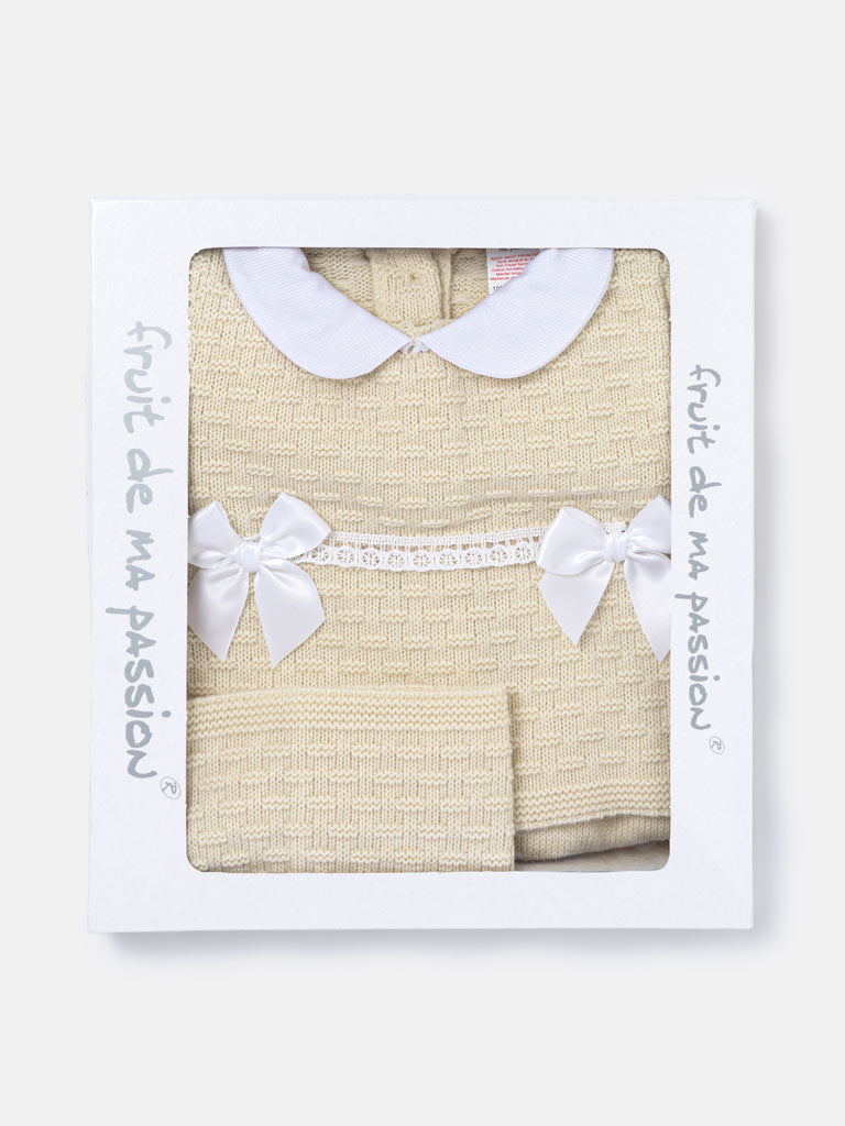 Baby Girl Twin Satin Bow Knitted 3-piece Gift Box Set - Beige