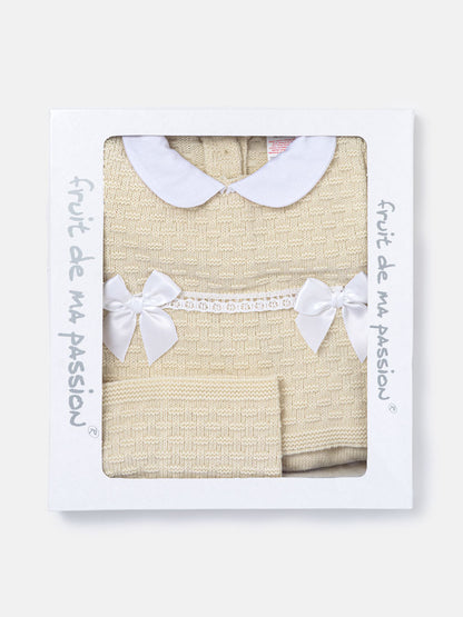 Baby Girl Twin Satin Bow Knitted 3-piece Gift Box Set - Beige