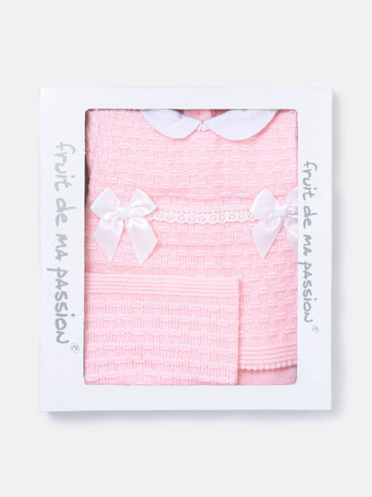 Baby Girl Twin Satin Bow Knitted 3-piece Gift Box Set - Baby Pink