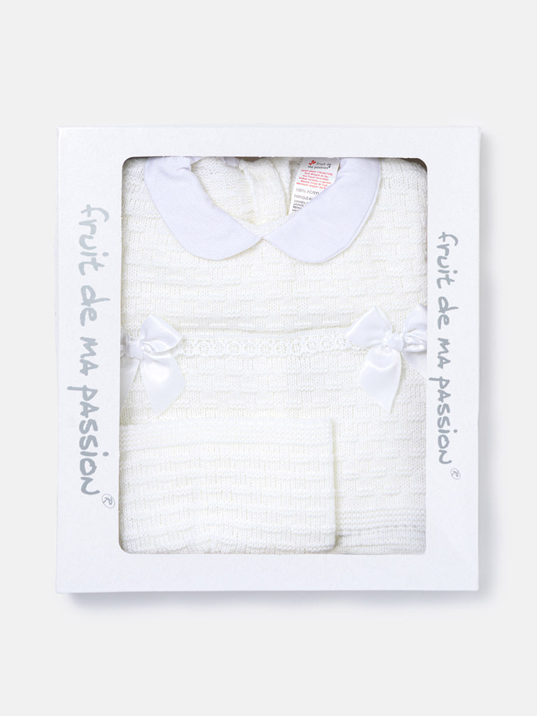 Baby Girl Twin Satin Bow Knitted 3-piece Gift Box Set - White