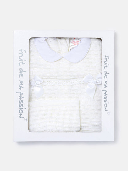 Baby Girl Twin Satin Bow Knitted 3-piece Gift Box Set - White