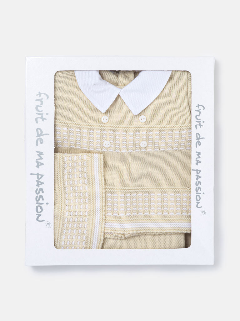 Baby Boy Classic Double-Button Knitted 3-piece Gift Box Set - Beige