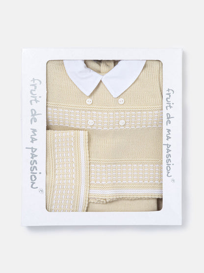 Baby Boy Classic Double-Button Knitted 3-piece Gift Box Set - Beige