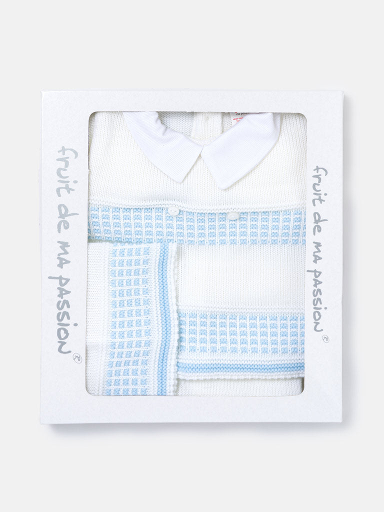 Baby Boy Classic Double-Button Knitted 3-piece Gift Box Set - White & Baby Blue
