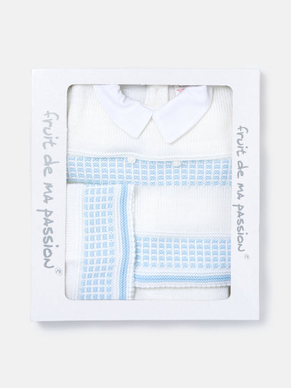 Baby Boy Classic Double-Button Knitted 3-piece Gift Box Set - White & Baby Blue