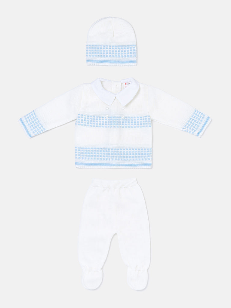 Baby Boy Classic Double-Button Knitted 3-piece Gift Box Set - White & Baby Blue