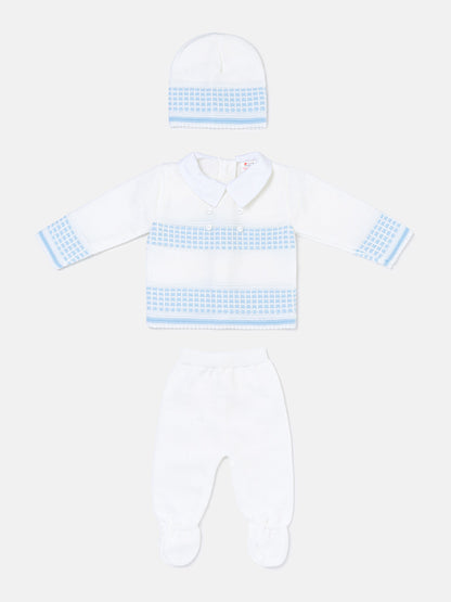 Baby Boy Classic Double-Button Knitted 3-piece Gift Box Set - White & Baby Blue