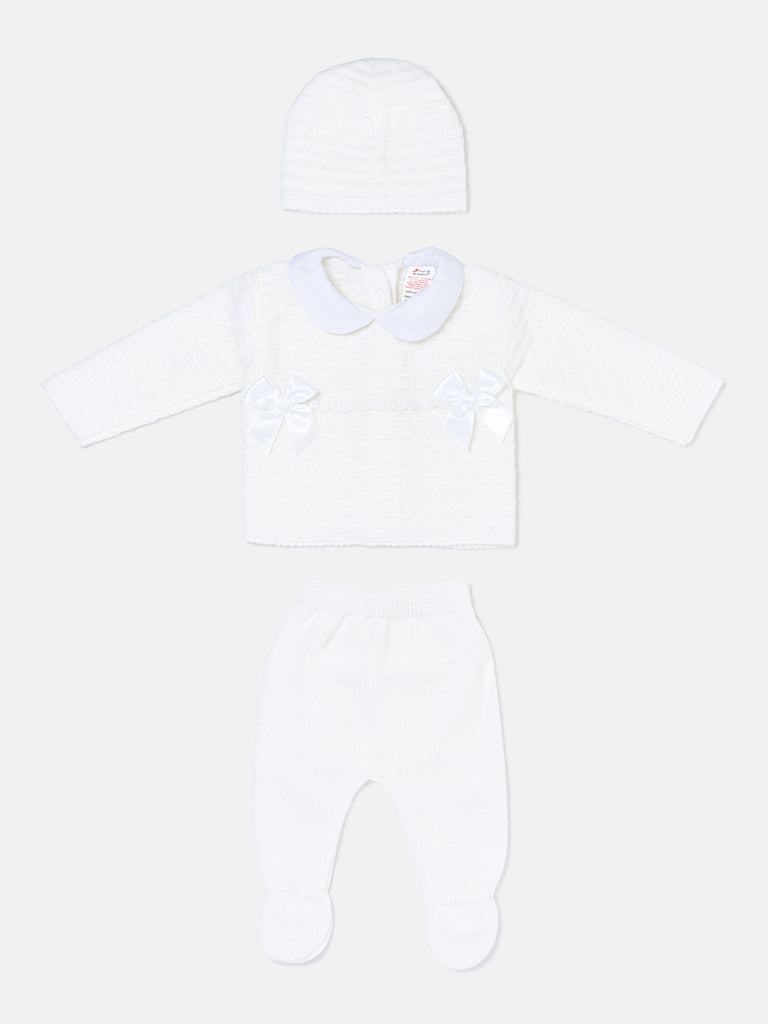 Baby Girl Twin Satin Bow Knitted 3-piece Gift Box Set - White