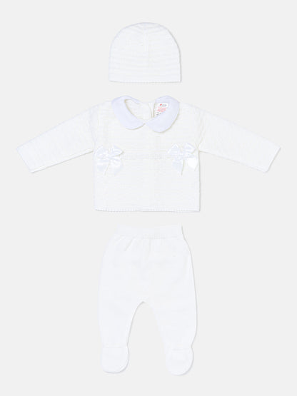 Baby Girl Twin Satin Bow Knitted 3-piece Gift Box Set - White