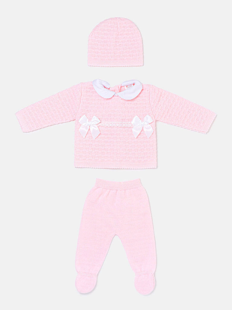 Baby Girl Twin Satin Bow Knitted 3-piece Gift Box Set - Baby Pink