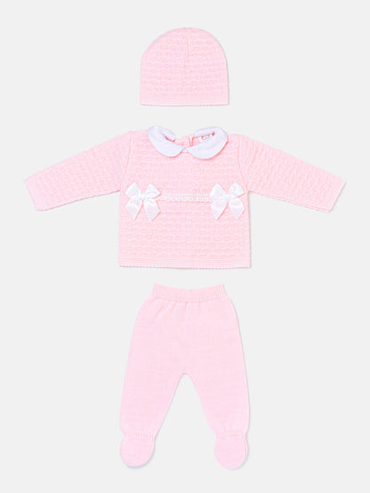Baby Girl Twin Satin Bow Knitted 3-piece Gift Box Set - Baby Pink