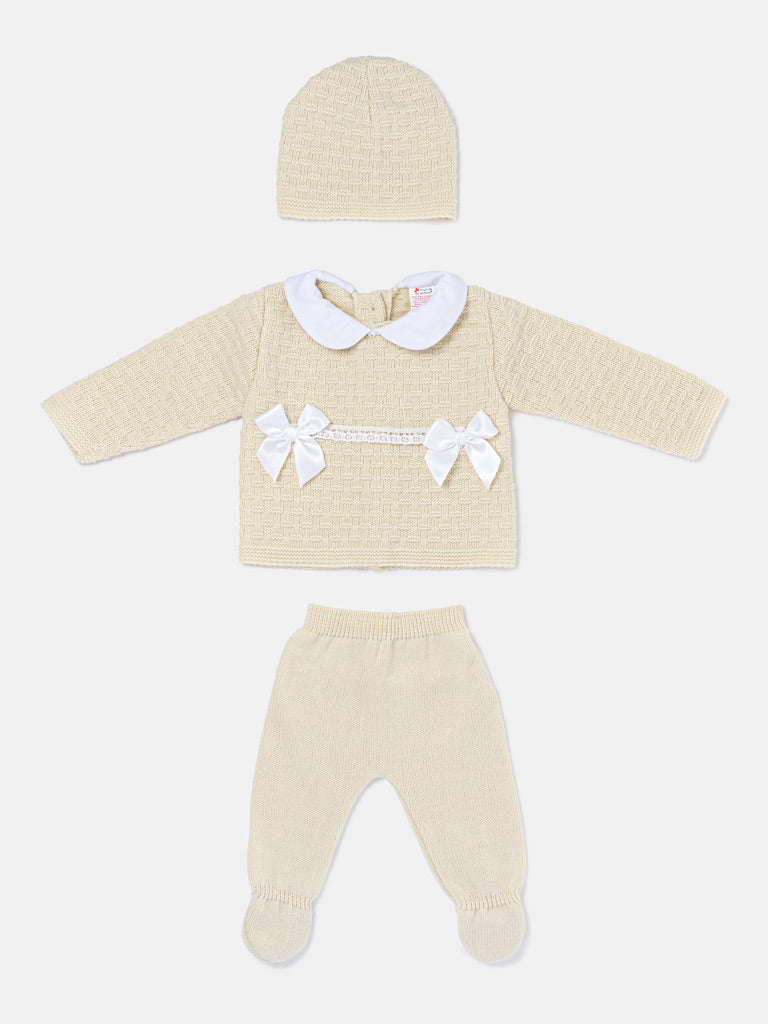 Baby Girl Twin Satin Bow Knitted 3-piece Gift Box Set - Beige