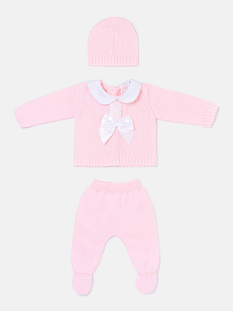 Baby Girl Lace Trim Front Bow Knitted 3-piece Gift Box Set - Baby Pink