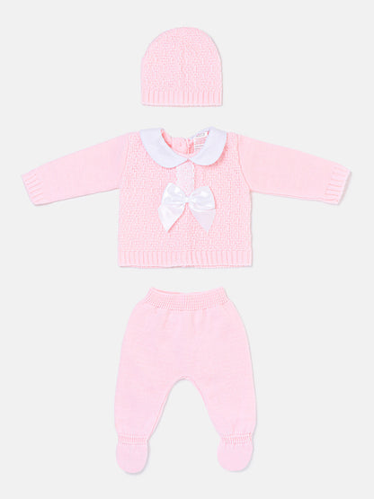 Baby Girl Lace Trim Front Bow Knitted 3-piece Gift Box Set - Baby Pink