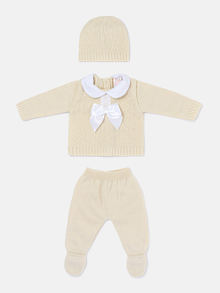 Baby Girl Lace Trim Front Bow Knitted 3-piece Gift Box Set - Beige