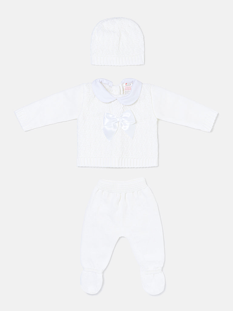 Baby Girl Lace Trim Front Bow Knitted 3-piece Gift Box Set - White